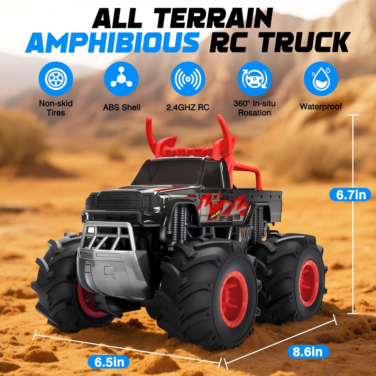 1:16 Waterproof Monster Truck Toys RC Cars, 2.4GHz Remote Control Truck for Kids Boy Ages 8,9,10,11,12 Years Old, 4WD All Terrain Off-Road with LED Lights RC Boat for Boy Girl Birthday Gift - Red