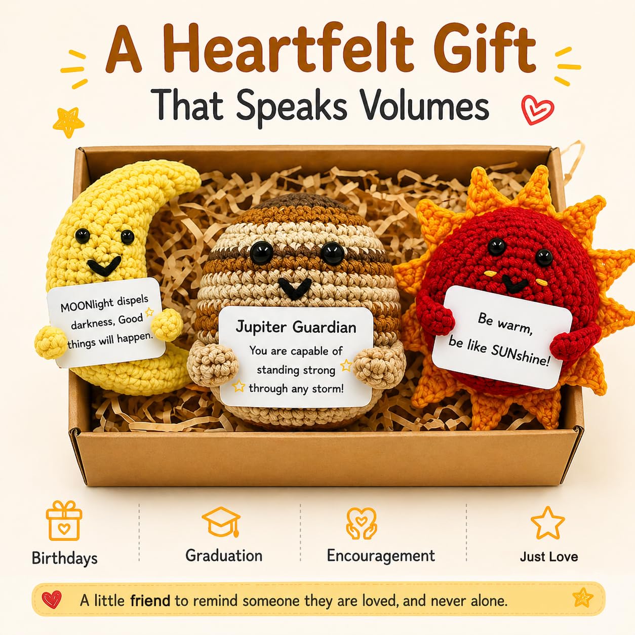 PoccroToys 10Pcs Handmade Crochet Space Solar System Planets Toys for Kids Educational Toys for 1 2 3 4 Year Old Boys Girls with Affirmation Cards Bulk Gifts for Teens Students Self Care Positive Doll