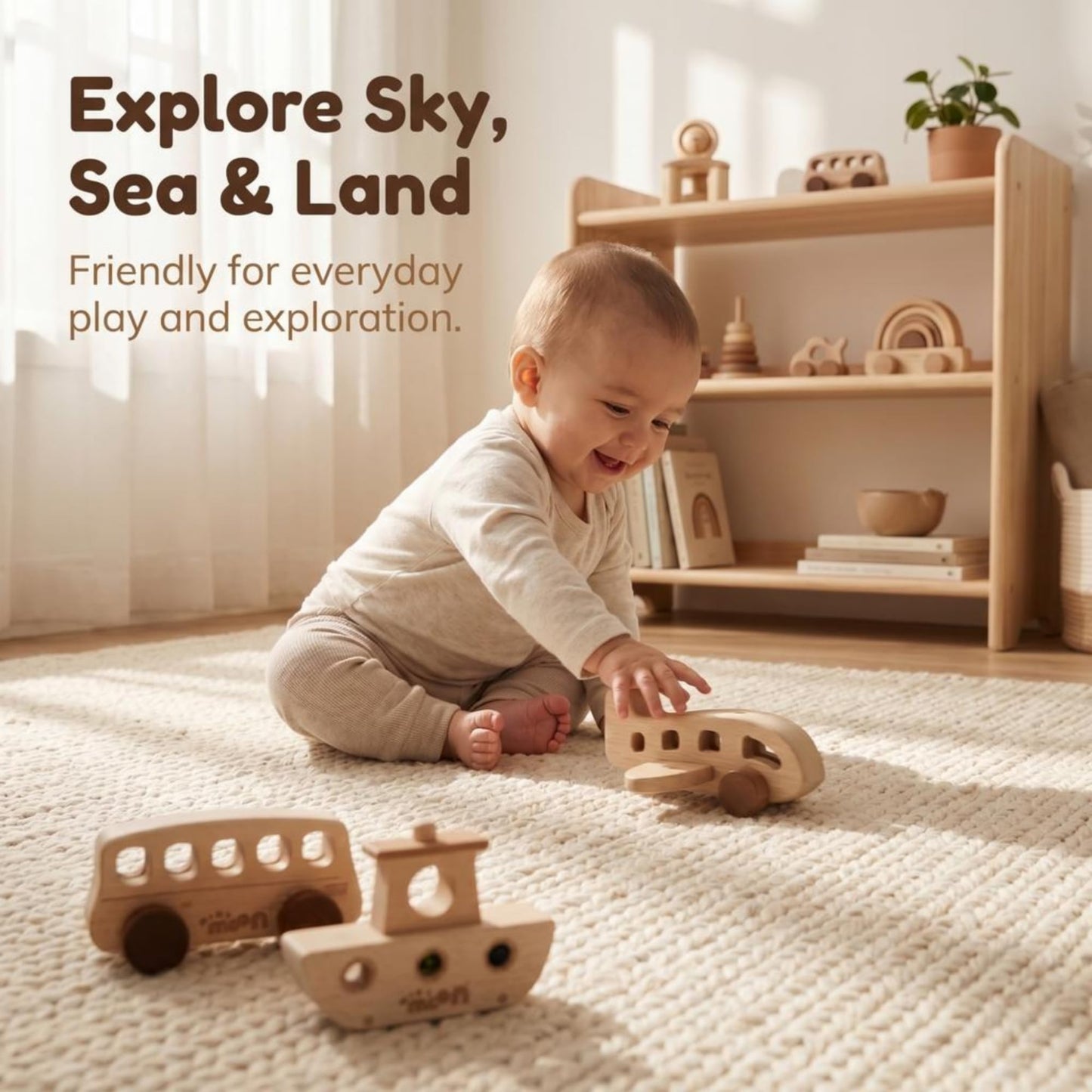 MINYMOON Wooden Toys for 1 Year Old – Montessori Baby Toy Set with Bus, Airplane & Boat – Minimalist Nursery Decor & Teething Safe Infant Toys for Boys and Girls – 3 Piece Ergo-Fit Toddler Car Set