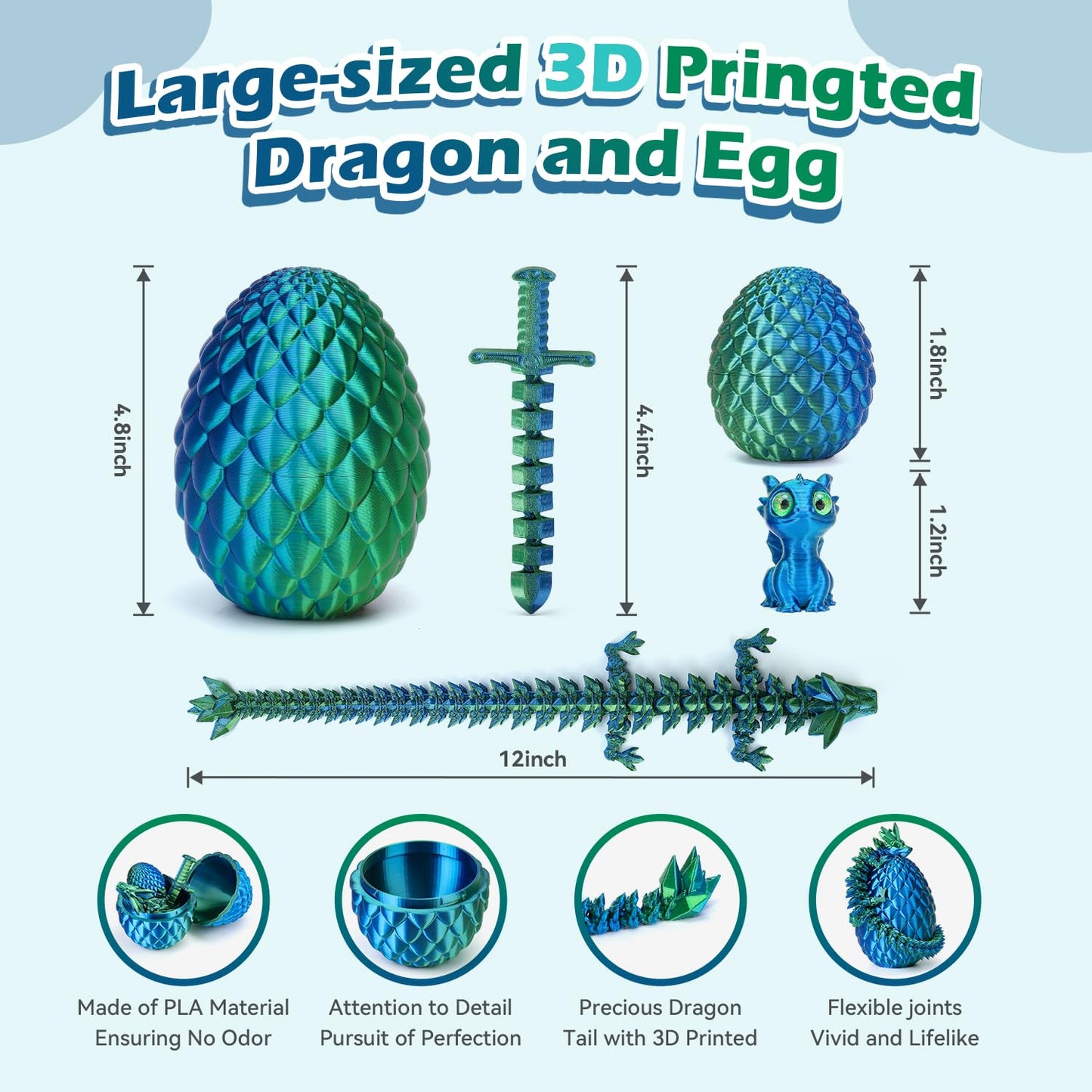NIUCOO 12" 3D Printed Dragon Egg, Articulated 3D Printer Crystal Egg with Dragons Inside Toy, Surprise 3D Printed Animals Dragons Fidget Toys Party Favors for Kids Boys Girls