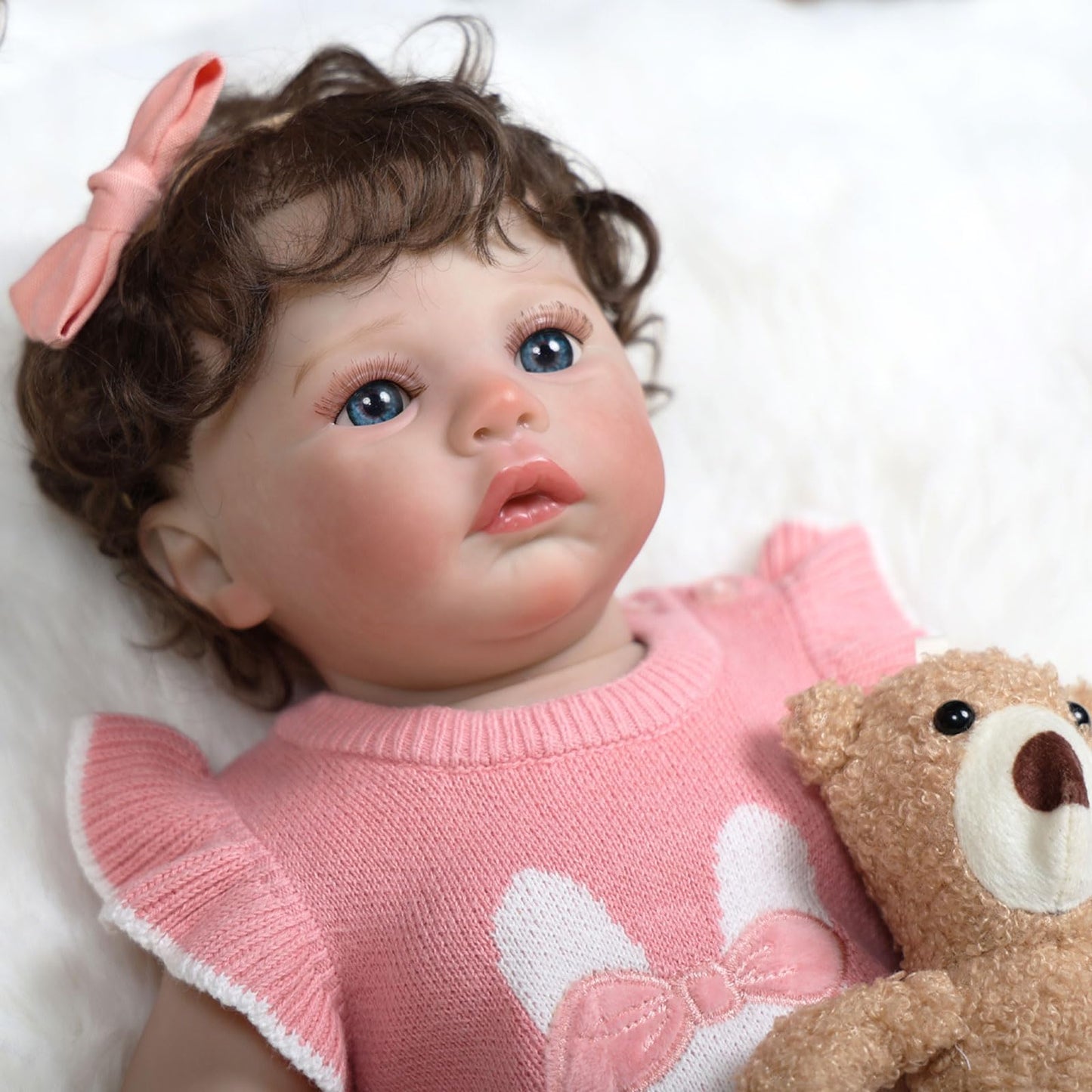 Tookyhill 16 Inch Lifelike Reborn Baby Doll, Full Vinyl Body, Poseable Limbs, Pink Knit Outfit & Plush Bear Toy, Realistic Newborn Doll Gift for Toddler Girls Age 3+ (Brown Bear)