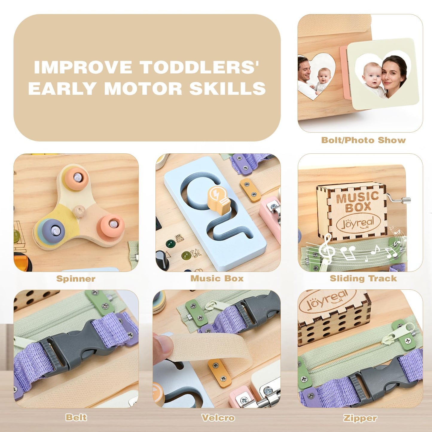 Joyreal Wooden Busy Board Montessori Toys for Toddlers, Sensory Activity Board with LED Lights, Music Box & Locks, Educational Learning Toy Gifts for Boys and Girls