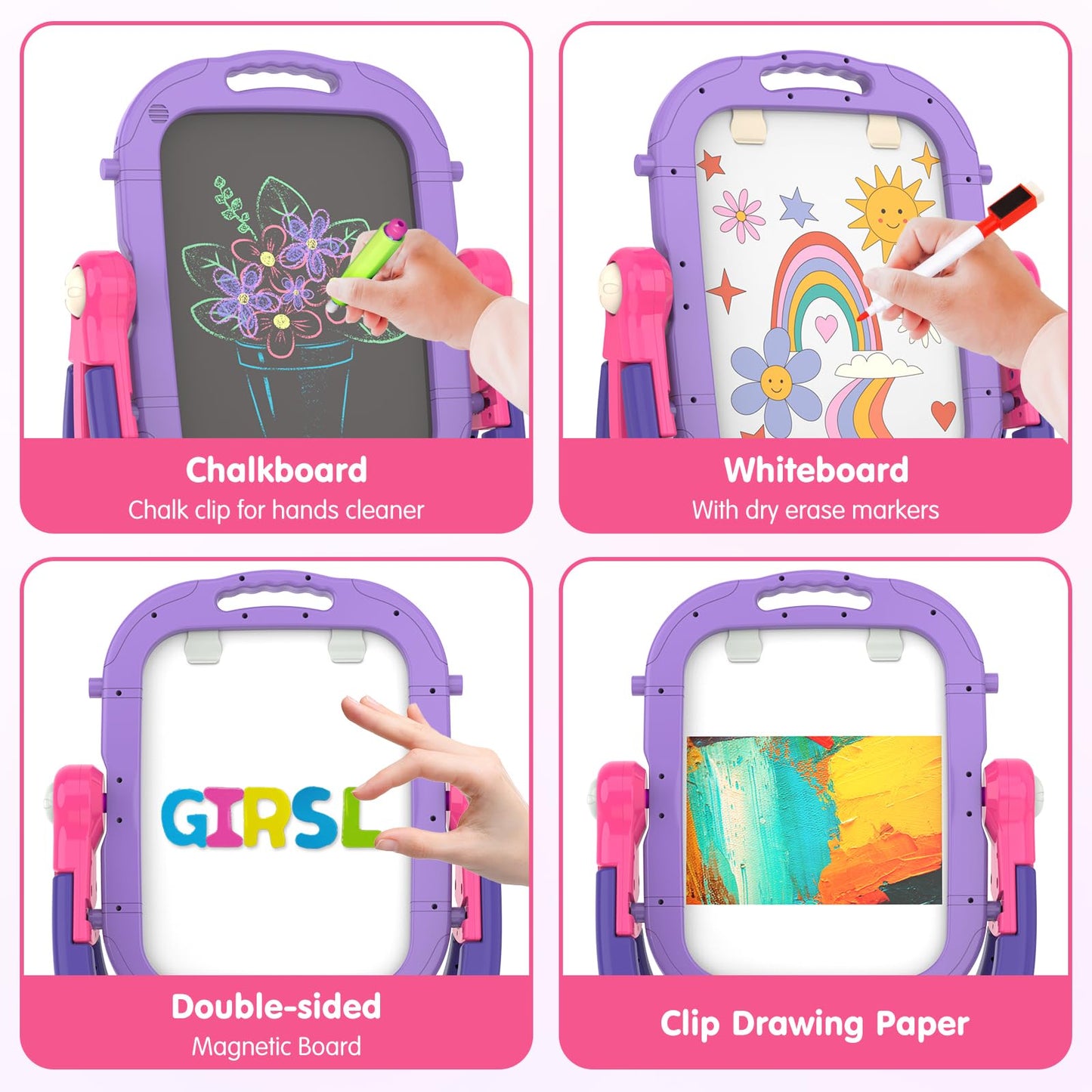 Ylovetoys Easel for Kids, Toddler Art Easel Adjustable Standing, Magnetic Double Sided Easel with Painting Accessories Gift for Boys and Girls (Purple red)