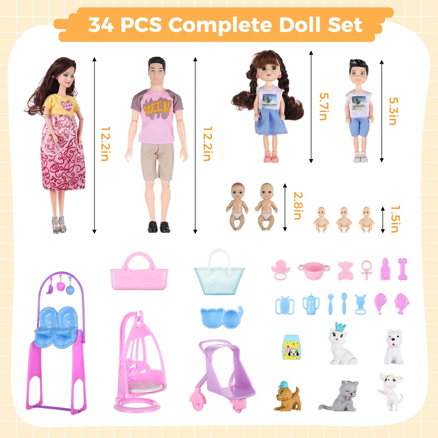 Dollcube Pregnant Doll with Baby in Tummy, 34PCS Family Dolls Set of 6 People with Pets Included Dad Pregnant Mom 2 Kids Baby Boy and Infants Pregnant Doll Accessories for Aged 3-12 Girls Boys Gift