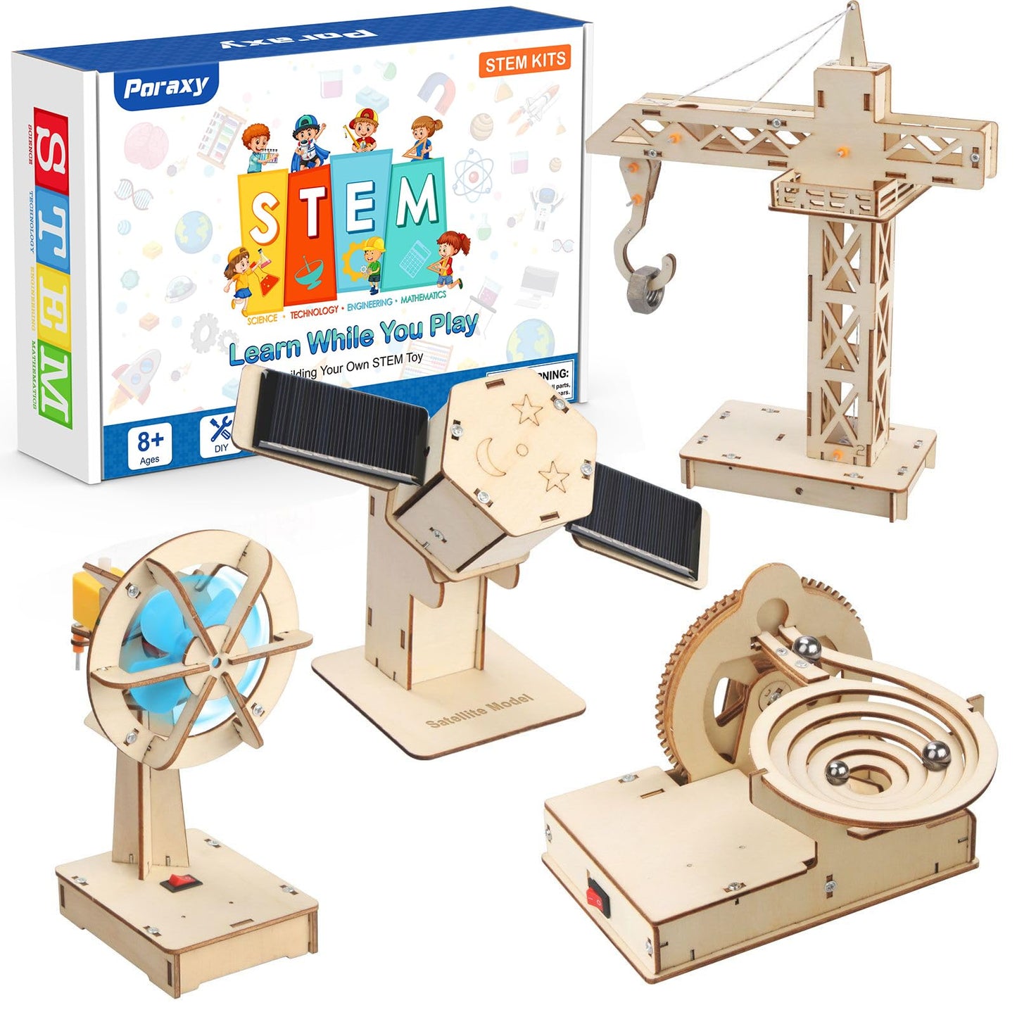 Poraxy 4 in 1 STEM Kits, STEM Projects for Kids Ages 8-12, Assembly 3D Wooden Puzzles, Building Toys, Educational Science Craft Model Kit, Gift for Boys and Girls 8 9 10 11 12 Years Old, Marble Run