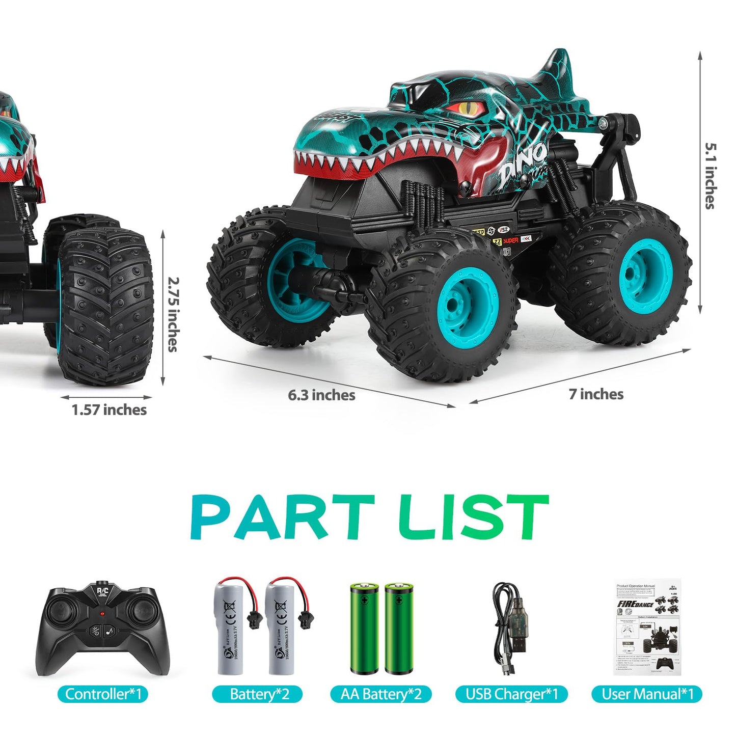 DYODYORC Remote Control Car, 2.4Ghz All Terrain Dinosaur Monster Truck Toys, RC Truck with Music, 3 Lighting Effects, 360 Stunt Capable, 2 Batteries Ready to Run, Toy Gifts for Boys and Girls (Cyan)