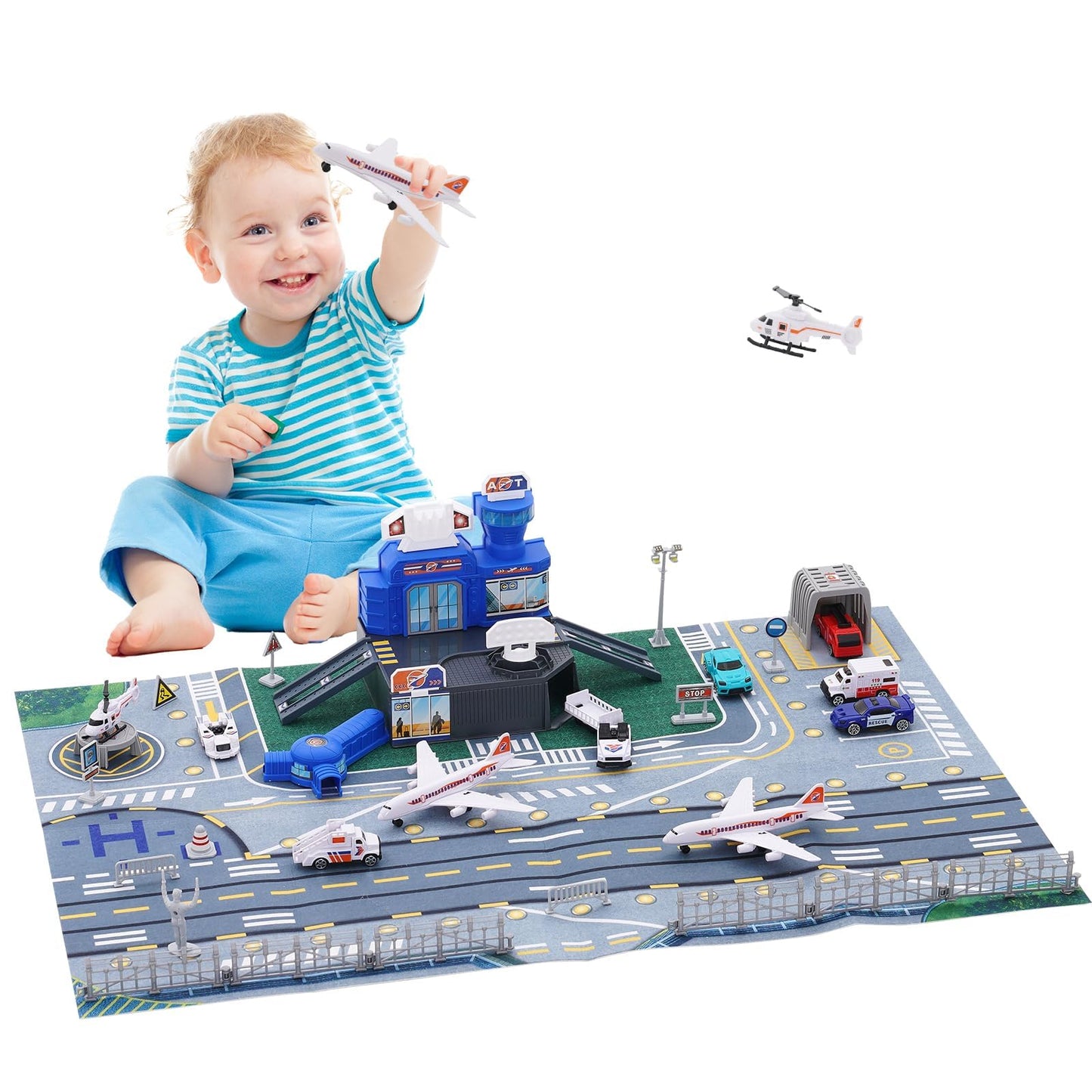 Airplane Toy Set with Trucks, Helicopter, Planes, Signs and Airport Playmat, Interactive Early Learning Toys Great Military Toys Gift for 3 4 5 6 Kids Boys Girls