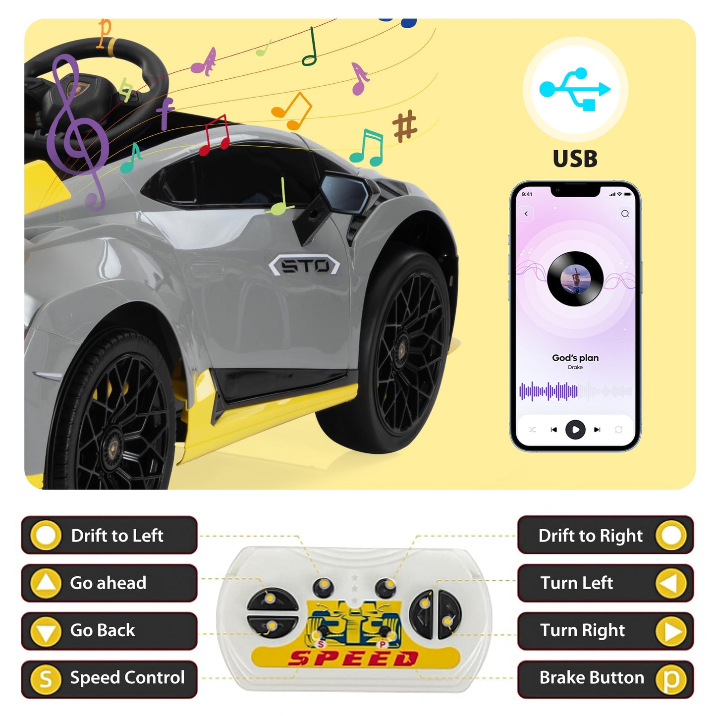 TOBBI Kids Ride on 24V Licensed Lamborghini STO Electric Car for Kids 3-8 Battery Powered Ride on Toys Lambo Sports Car with Remote Control Motorized Drift Vehicle High Speed 10km/h, Gray