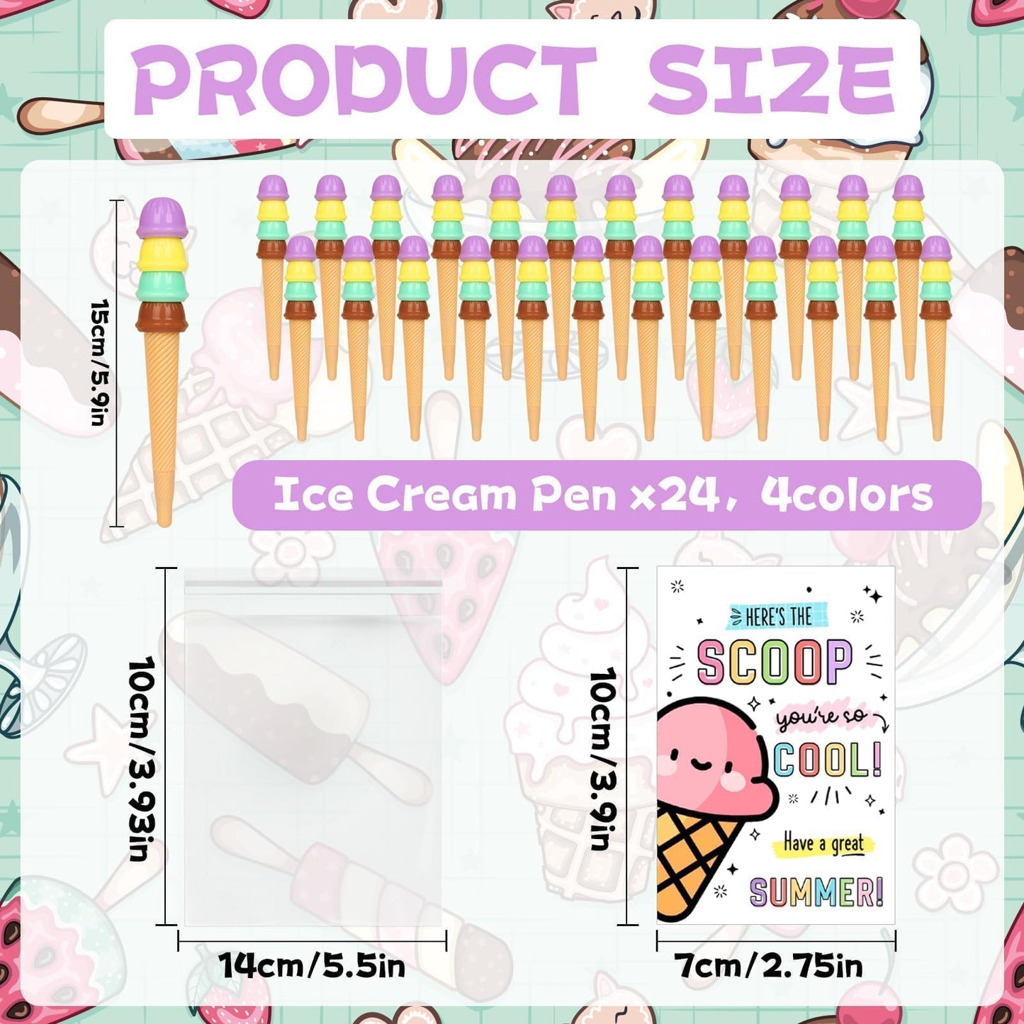 24 Sets End of Year Student Gits from Teacher Incudes Ice Cream Party Favors Ice Cream Pen Cute Cartoon Novely Gel Pen for Students School Classroom Prizes Last Day of School Gift Set