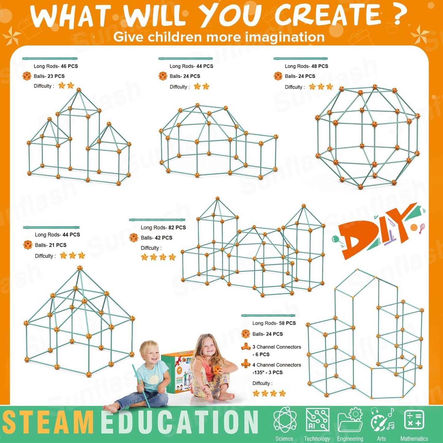zqiliboyi 140 PCS Kids Fort Building Kit - Educational DIY Construction Toys for Kids 5+, Indoor & Outdoor Play Tent, Build Castles/Den/Play House, STEM Learning Building Sets for Boys & Girls