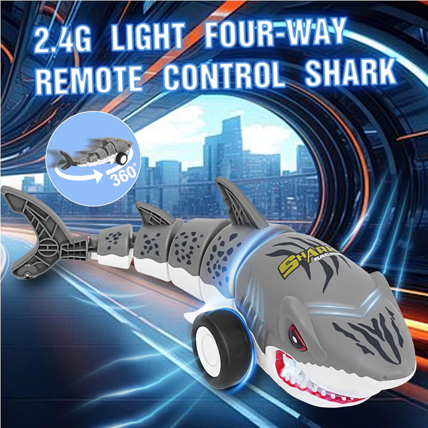 Surecool Remote Control Shark Cars Toy,Rechargeable RC Toy Car, RC Monster Truck for Boys 6-12 Year Old,360°Rolling Turns & Slides with Lights Cool Outdoor Toys Birthday Gift for Boy Kids Gifts (gray)
