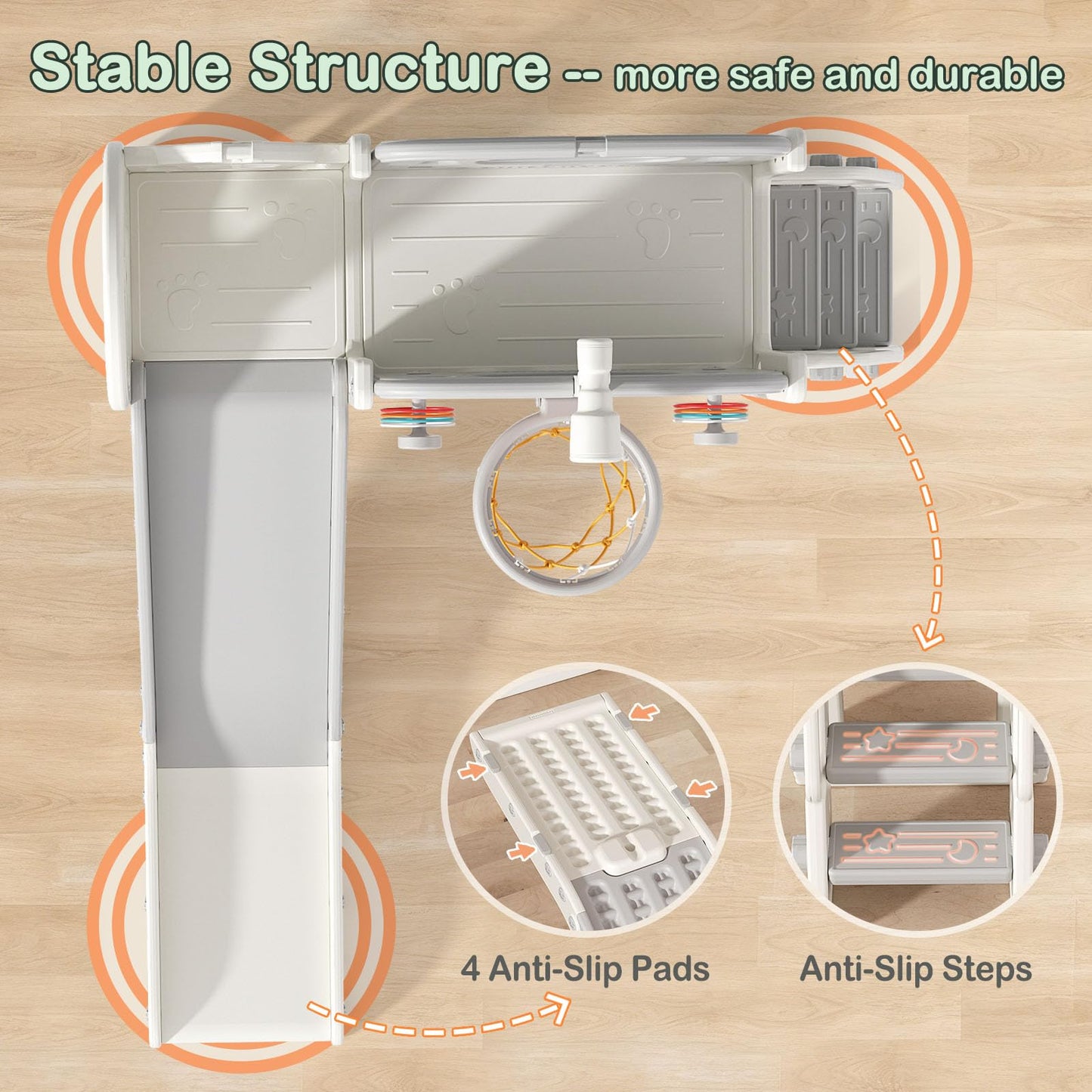 BIERUM 9 in 1 Toddler Slide Set - Baby Slide for Toddlers 1-3 with Ring Toss and Basketball Hoop, Indoor Outdoor Toddler Playset Playground Beige Gray