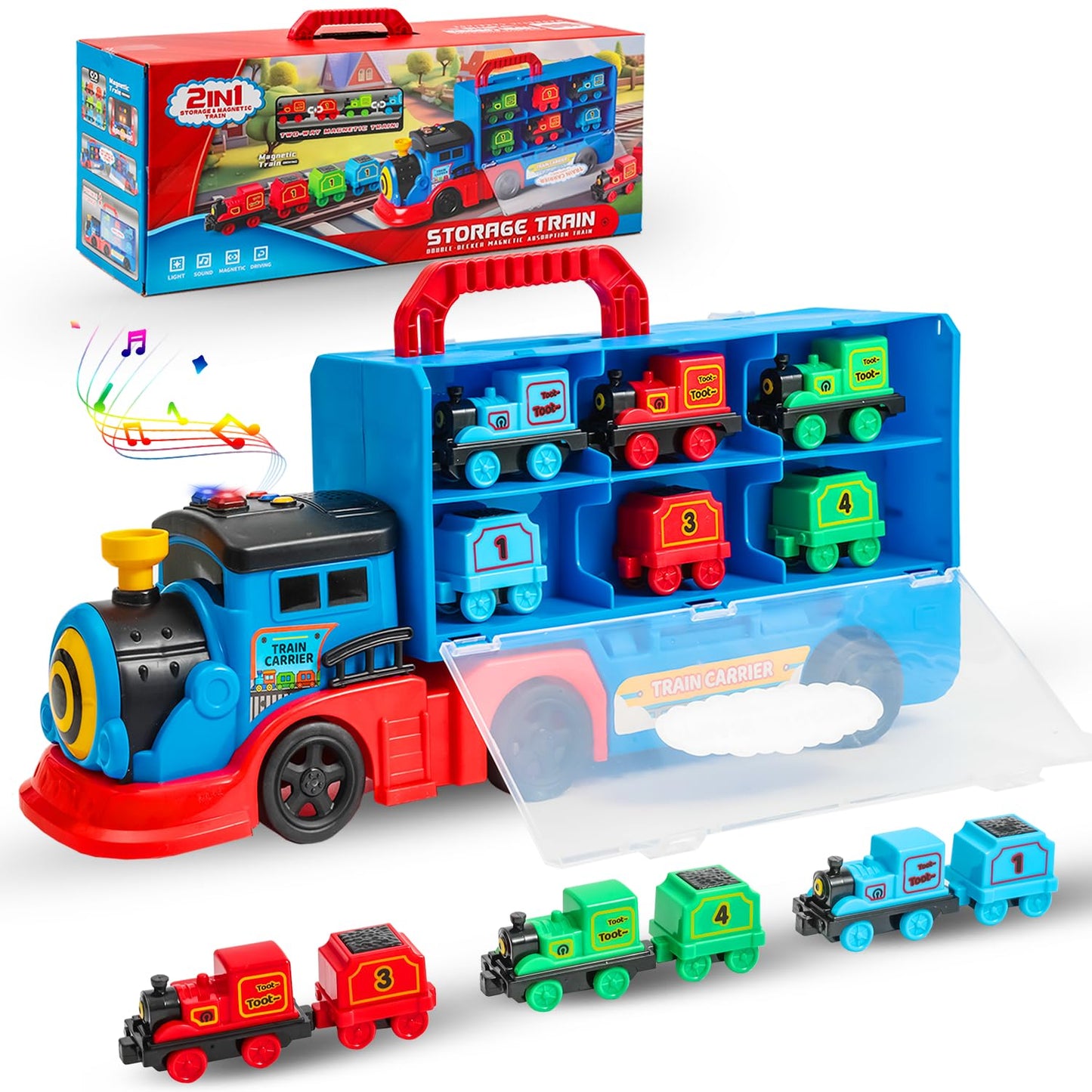 Trucks Toys for Kid 1-3, Transport Truck Car Set with Light and Sound, 1 Transport Toy Trucks, 6 Magnetic Trains, Birthday Gifts for Kids Boys Girls Age 3 4 5+.