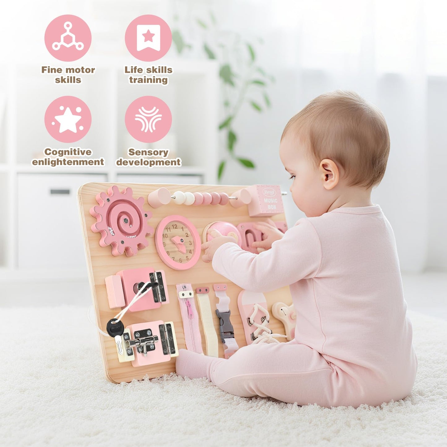 Joyreal Large Wooden Busy Board for Toddlers with Foldable Stand, 15-in-1 Montessori Sensory Toys Activity Learning Board with Music Box, Educational Gift for 1 2 3 Year Old Boys Girls