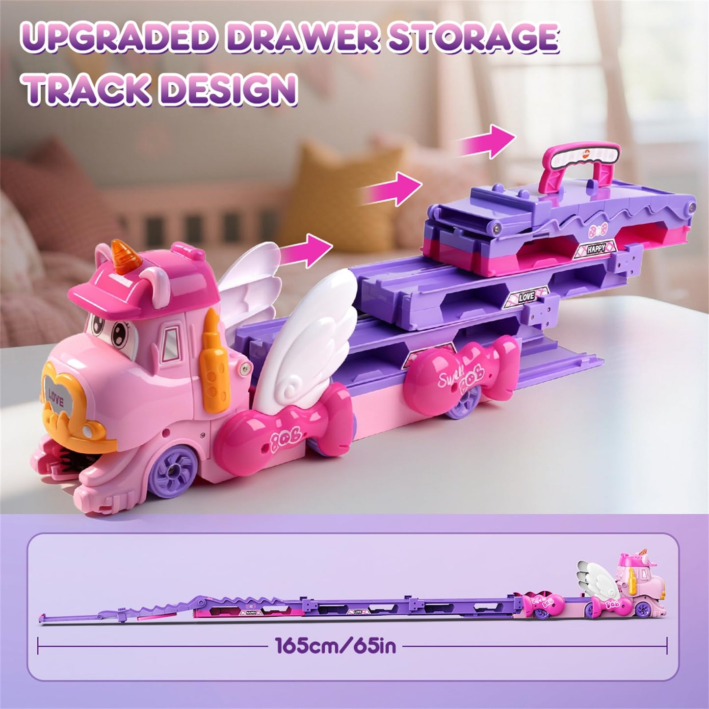 VATOS Toddler Truck Car Toys for 3 4 5 6 Year Old Girls, Foldable Race Track Toy with 6 Race Cars, Portable Transport Carrier Truck with Light & Music, Princess Toys Cars Gift for Kids Girls