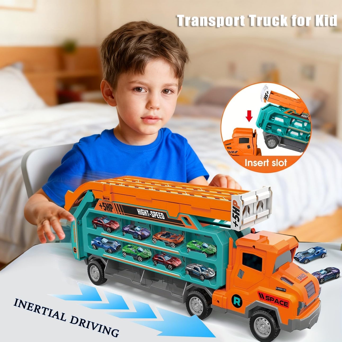 Unimoly Carrier Truck Transport Toy, Foldable 2-Layer Car Race Track Playset with 33" Track & 6 Metal Cars, Birthday Gift for Boys Ages 3-8 (Green)