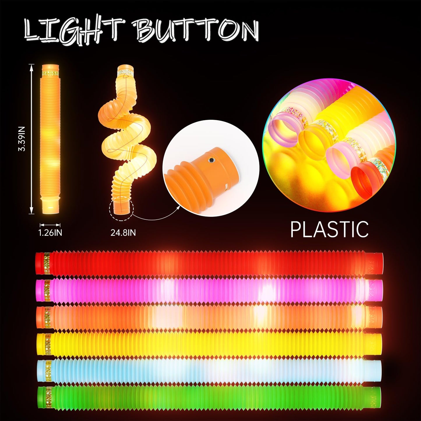 48 PCS HAMIMOS Light Up Pop Tubes Glow Sticks, Christmas Halloween Light Toys Party Decorations Supplies Favors for Kids, Sensory Toys Toddler Learning Activities for Boys Girls