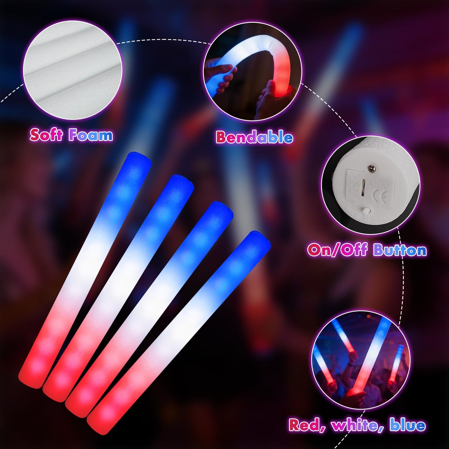 OLUPP 58 Pcs July 4th Glow Sticks, Foam Glow Sticks for 4th July, Red White Blue Glow in the Dark for Kids & Adults, Patriotic LED Light Up Supplies for Independence Day, Party Favors