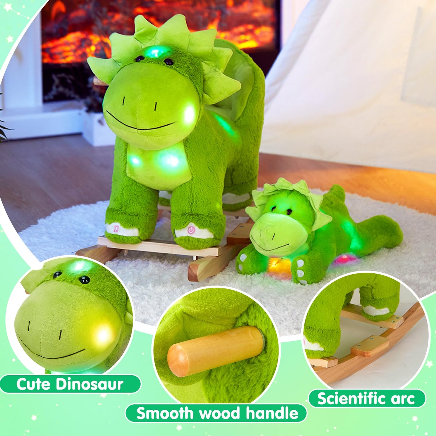 Glow Guards Light up Music Dinosaur Rocking Horse Stuffed Animal Set of 2 with Glowing Singing Dinosaur Plush Toy Wooden Chair Seat Ride on Toys Gift for Ages 1-3 Toddlers Kids Baby (Dinosaur)