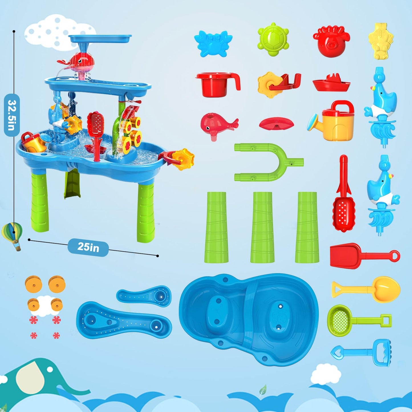 zefinot 3-Tier Water Table for Toddlers 1-3, Kids Water Play Table with Waterfall, Spinning Wheels and Splash Accessories for Outdoor Backyard Summer Fun