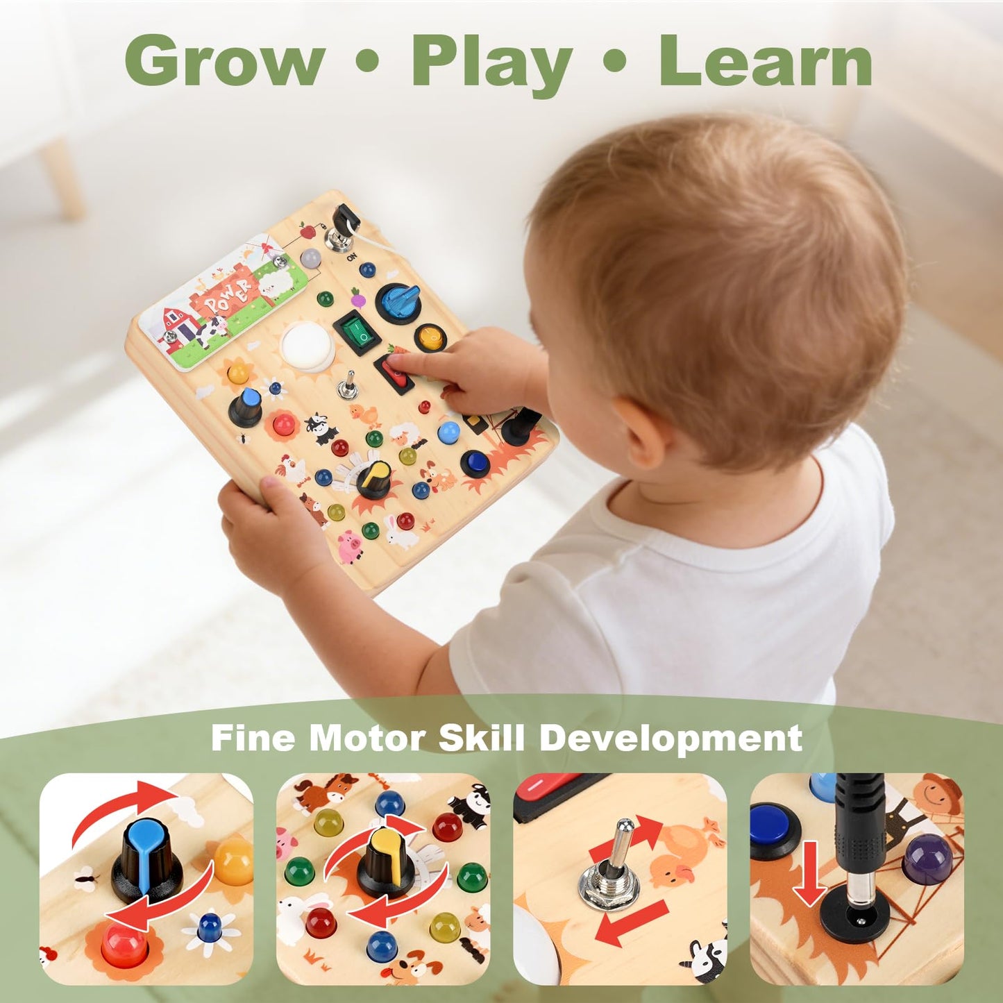 Busy Board for Toddlers 1-3 - Montessori Educational Sensory Toy with 10 Switches & 19 Lights, Activity Board for Fine Motor Skills, Travel Toys for 1+ Year Old Boy & Girl Birthday Gift（Farm Theme）