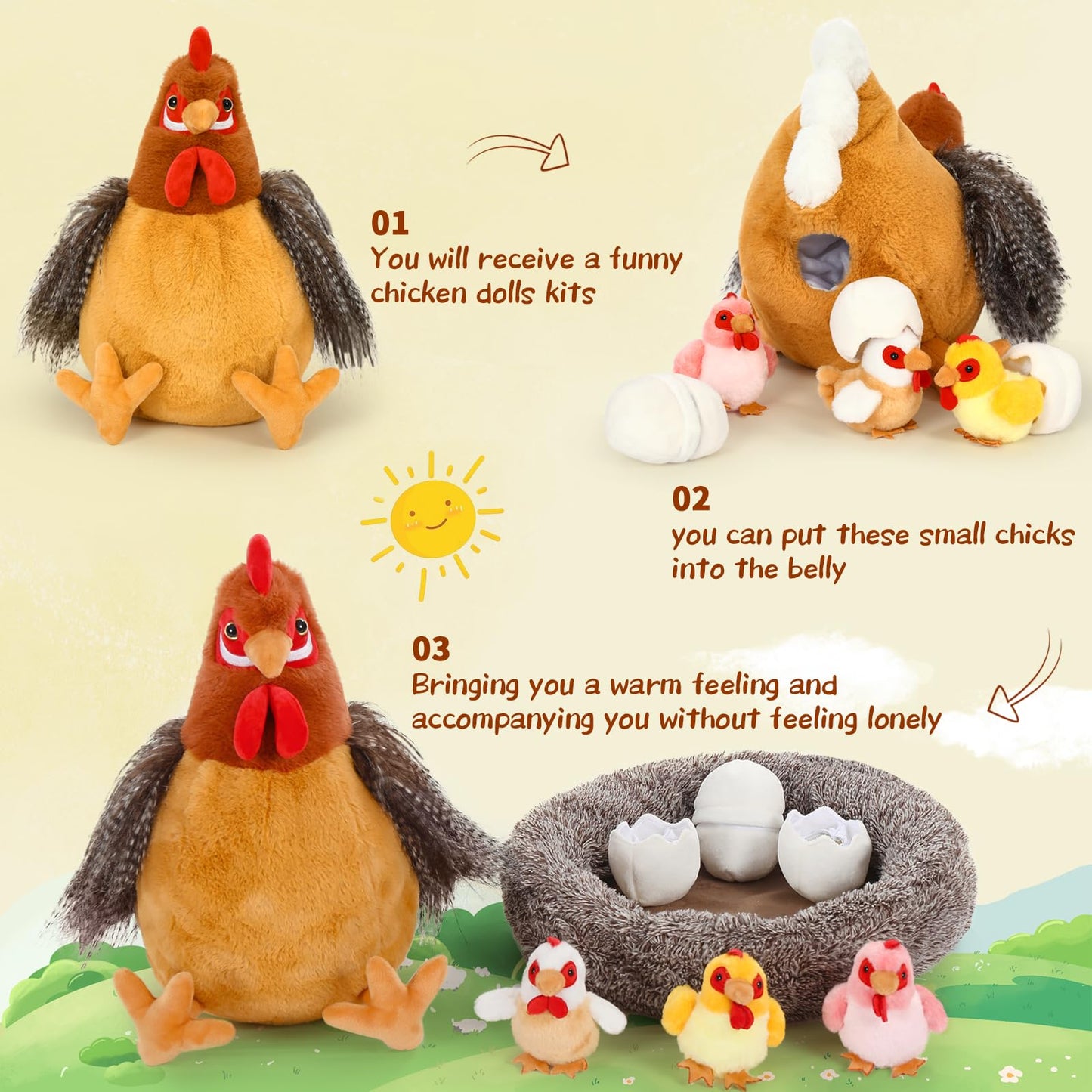 BENINY 8Pcs Chicken Stuffed Animal, Stuffed Hen with Little Baby Chicks and Coop, Rooster Plush Gifts Toys for Kids, Hit of Christmas Farm Party