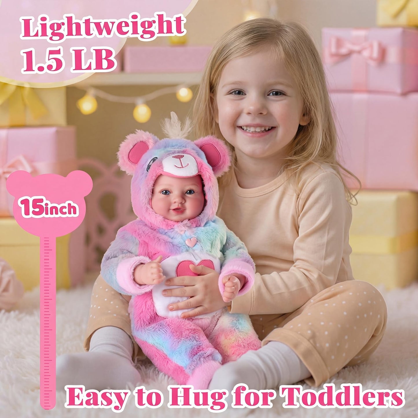 BABESIDE Baby Doll Girl - 17-Inch Soft Body Realistic Baby Doll with Rainbow Bear Outfit Lightweight Real Life Baby Dolls for 3+ 4 5 6 7 8 9 Years Girl Birthday Gifts, Pretend Play and Christmas