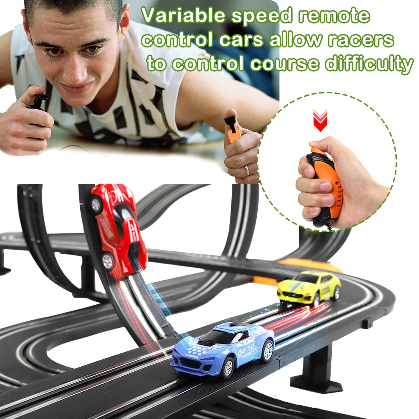 Slot Car Race Track Sets, 23ft Battery Powered or Electric Track with 4 Slot Cars, Dual Racing Game Lap Counters, Race Track Set Features a Loop, Turns, Straightaways and a Crossover for Boys Age 6-12
