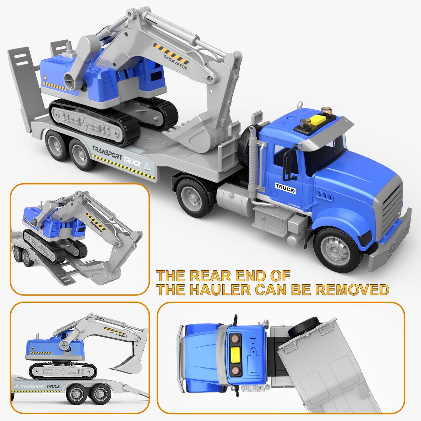DOWELLIN Transports Trucks Kids Toys, 22" Large Semi Truck Toy Carrier and Excavator Truck with Sound&Light,Friction Powered Cars Toys Birthday for Boys Girls 3 4 5 6 7 8