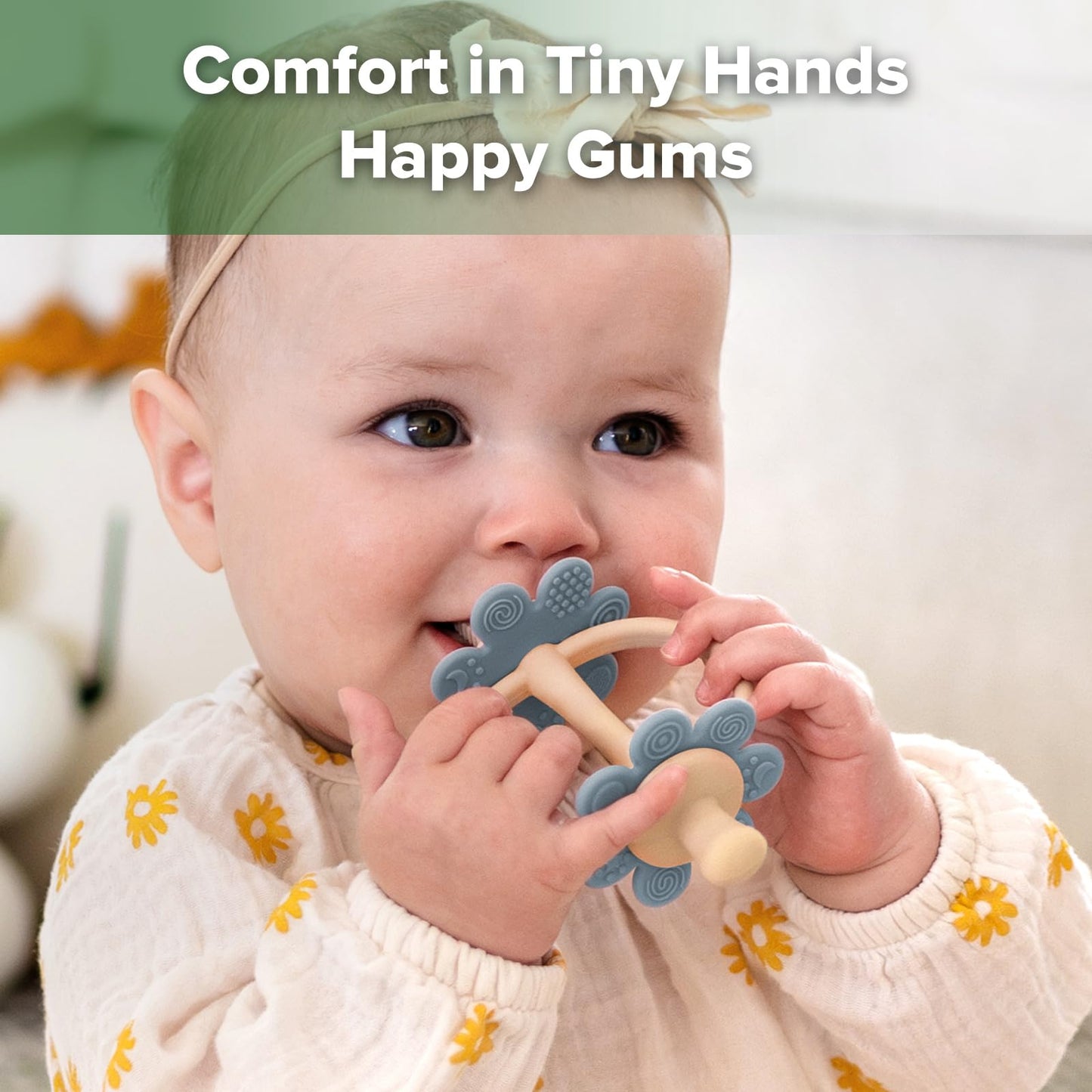 Haakaa Silicone Teether Set-Baby Freezer Teething Toy-Twin Flower Teether,Nipple-Shaped End for Gum Massage,360° Baby Toothbrush Head for Self-Brushing Training