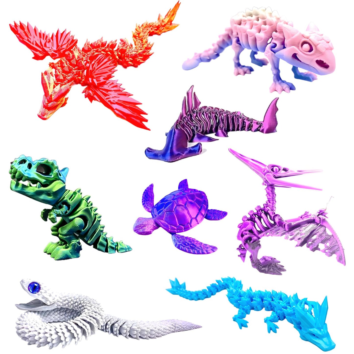 TJYZGXQ 8pcs 3D Printed Dinosaur, Snake Turtle Pterosaur T-Rex Fidget Toys,Crystal Dragon Flying Dragon，Desk Executive Toy，Easter,Toys for Boys Kids Teen 5-7 4-6 8-12