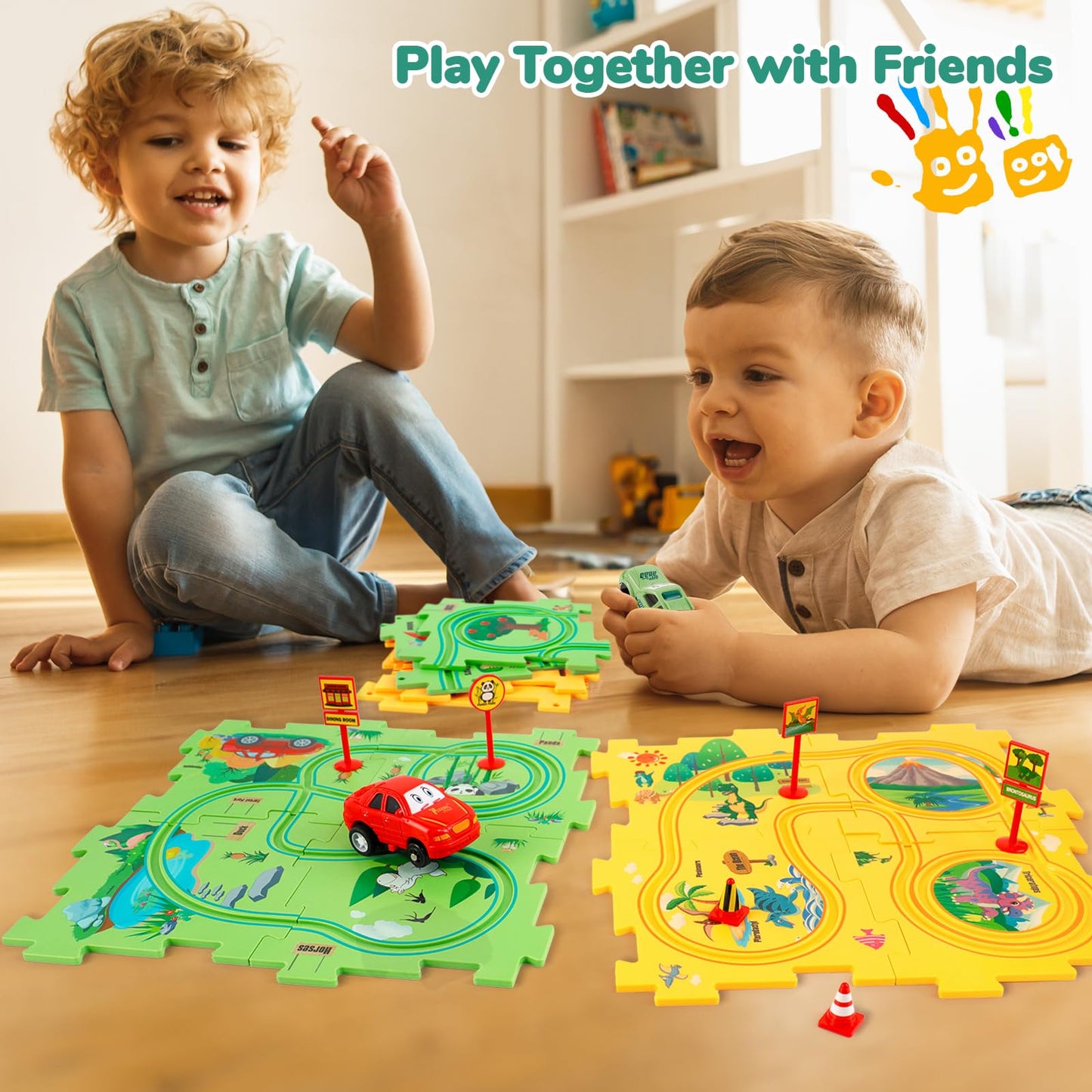 YOOYID Plastic Floor Puzzles for Kids Ages 3-5 with 2 Cute Vehicles, Race Tracks for Kids 3-5, Puzzle Racer Kids Car Track Set, Toys for 3 4 5 6 Year Old Boys Girls, STEM Toys for Kids