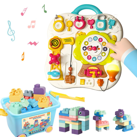 100PCS Baby Blocks Set with Storage Bucket, Building Block Toys STEM Educational Toddler Gifts and Montessori Busy Board Sensory Toys for Toddlers 1-3, 13 Activity Music & Led Light Up Montessori Toys