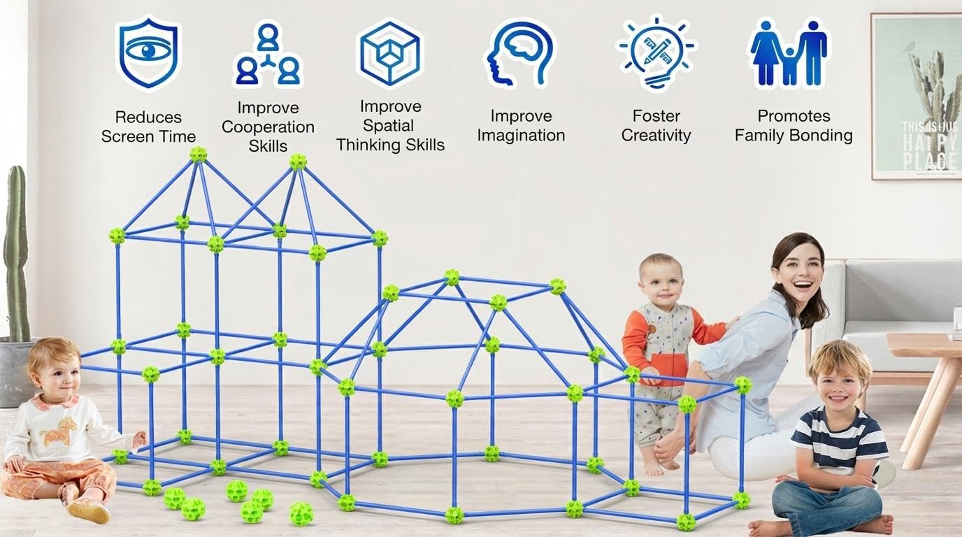 zqiliboyi 140 PCS Kids Fort Building Kit, DIY Construction Toys for Kids Ages 5+, STEM Educational Toys for Boys & Girls, Indoor Outdoor Fort Builder Set to Build Castles, Tents, Playhouses & Dens