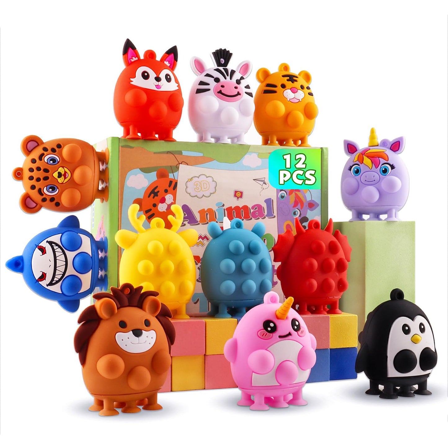 ChildFun 12 PCS Party Favors for Kids, Silicone Animal Pop Fidget Toys with Suction, Birthday Gifts for Boy Girls, Treasure Box Toys, Goodie Bag Stuffers, Prizes for Kids, Pinata Stuffers