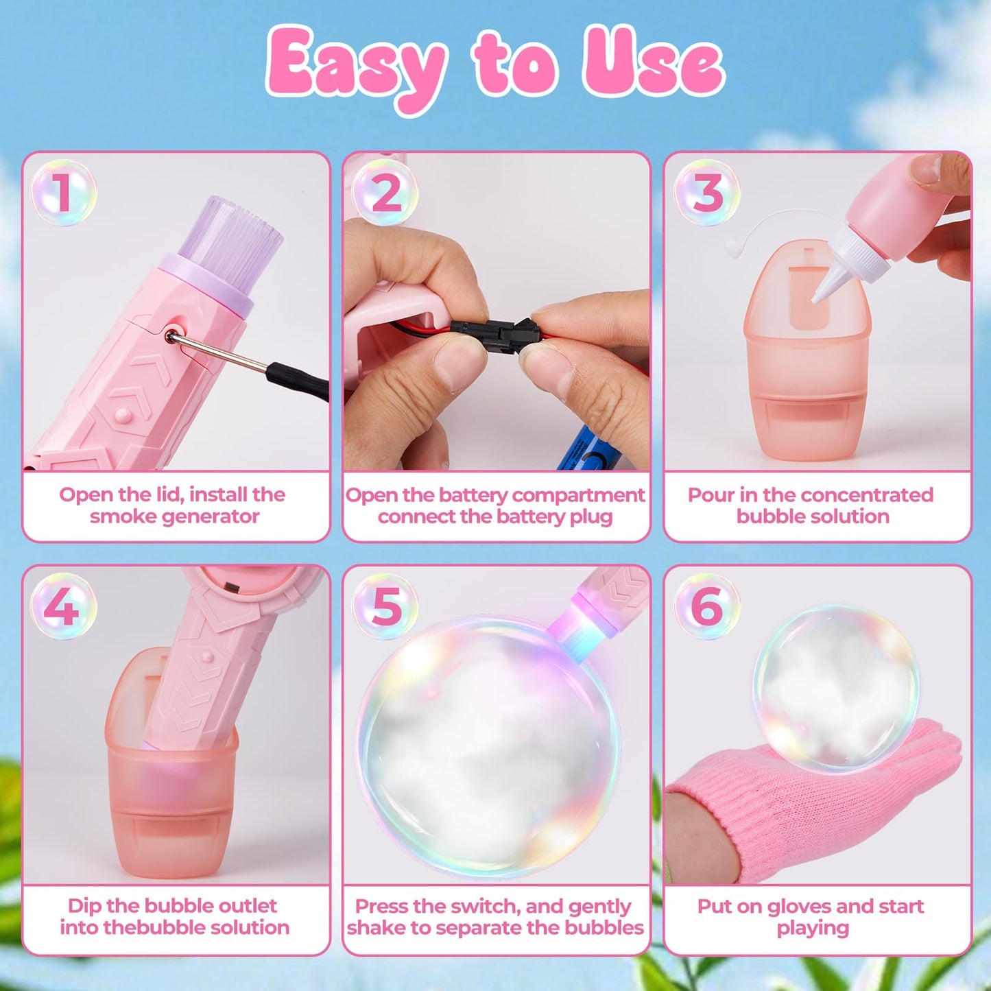 Smoke Bubble Machine, Elastic Bubble Fog Wand, Rechargeable Fog Bubble Machine with Lights & Sound, for Parties Outdoor Interactive Fun (Pink)