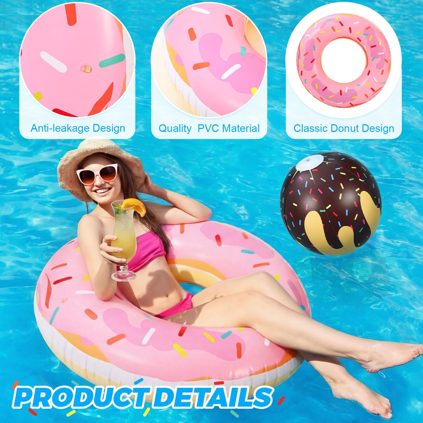 Soulchen 8 Pack Inflatable Donut Pool Floats 35.4" Donut Pool Floats Tubes with Beach Balls for Adults Doughnut Swim Tube Rings Blow up Floaties for Summer Swimming Beach Game Party Decors Supplies