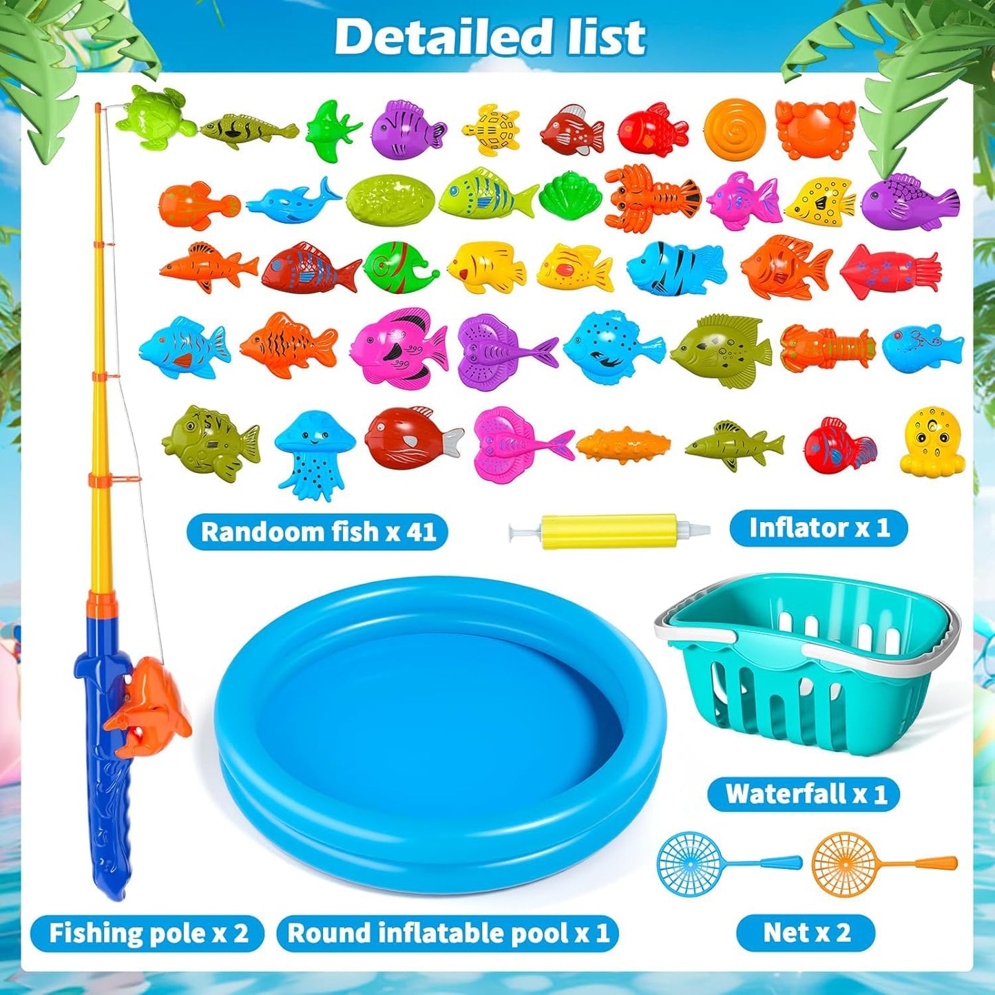 Doloowee Magnetic Fishing Game Bath Pool Toys for Toddlers 3-5,48pcs Fishing Toys Game Floating Fish Magnet Pole Rod Net Education Teaching and Learning for Kids Age 3-6 4-8