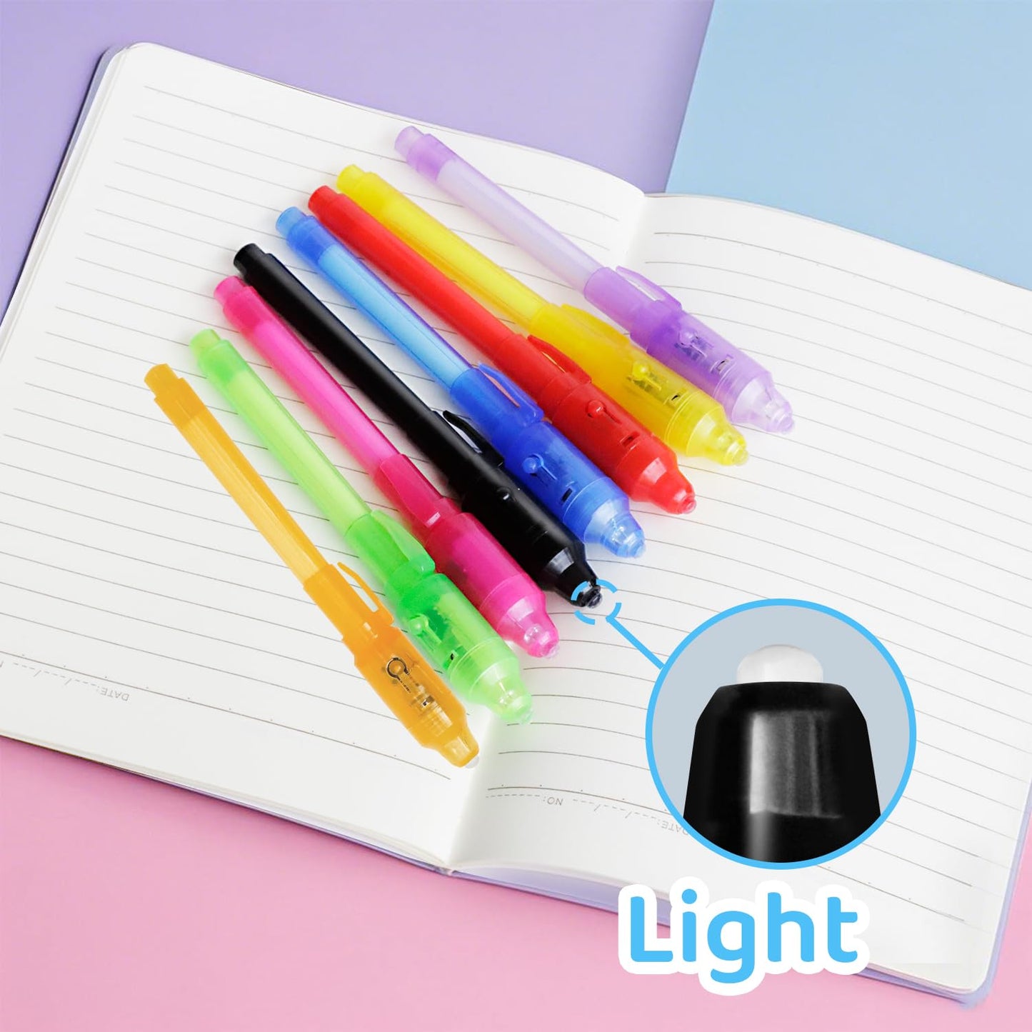 TIDALJAM 32 Pack Invisible Ink Pens with UV Light, 8 Colors Glow ， Secret Message Writing Detective Party Favors, Birthday Christmas Halloween Goodie Bag Stuffers Classroom Prizes School Supplies