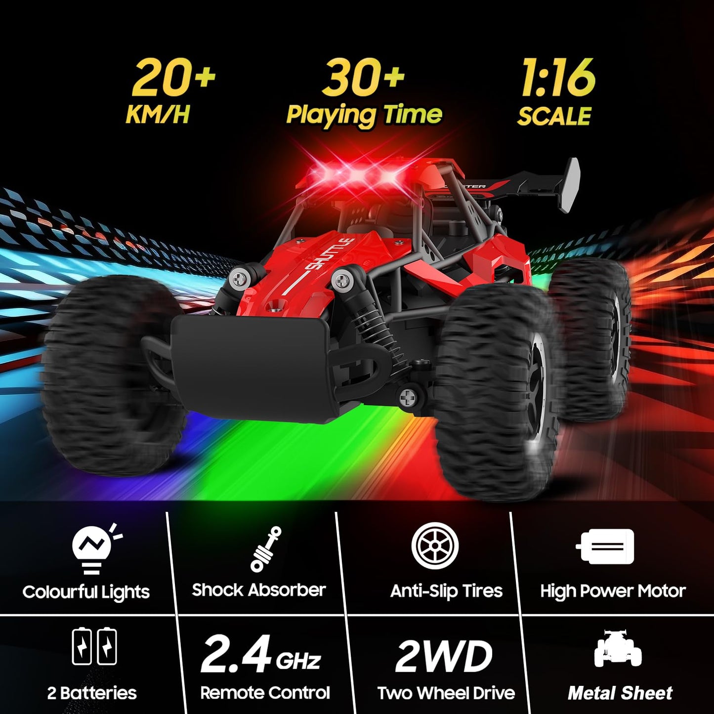 Remote Control Car for Kids 3 4 5 6 7+, 20 KM/H High-Speed RC Cars with LED Lights, 2.4GHz 2WD Monster Truck Toys,Toy Cars for Girls Boys,Christmas & Birthday Gifts,Upgraded Anti-Collision Shaft–Red