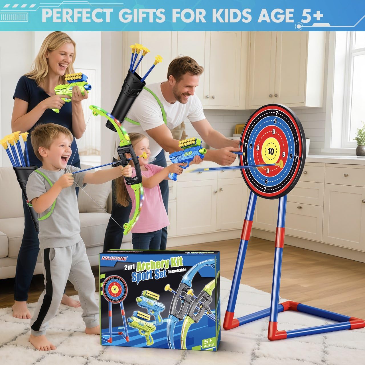 polokping 2 Pack Bow and Arrow Toy for 5 6 7 8 9 10+ Year Old Boys, Ideal Gift for Kids, Indoor Outdoor Shooting Game Toy for Ages 4-8 8-12, LED Light Up Archery Set with 12 Suction Cup Arrows