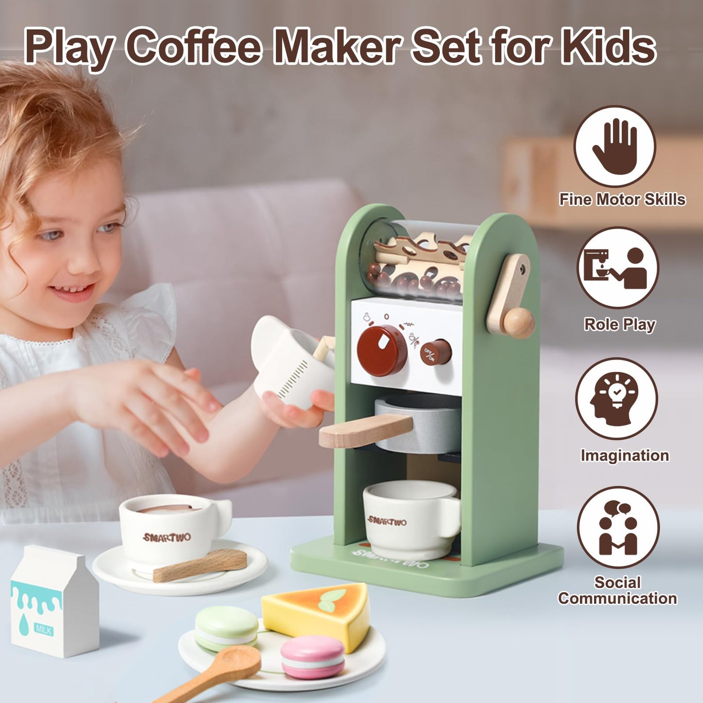 Smartwo Kids Wooden Coffee Maker Toy,Coffee Machine Playset with Grinder,Play Coffee Making Routine,Stimulates Imaginative Pretend Play and Life Skills,Birthday Gift for Toddler Boy Girl,17pcs