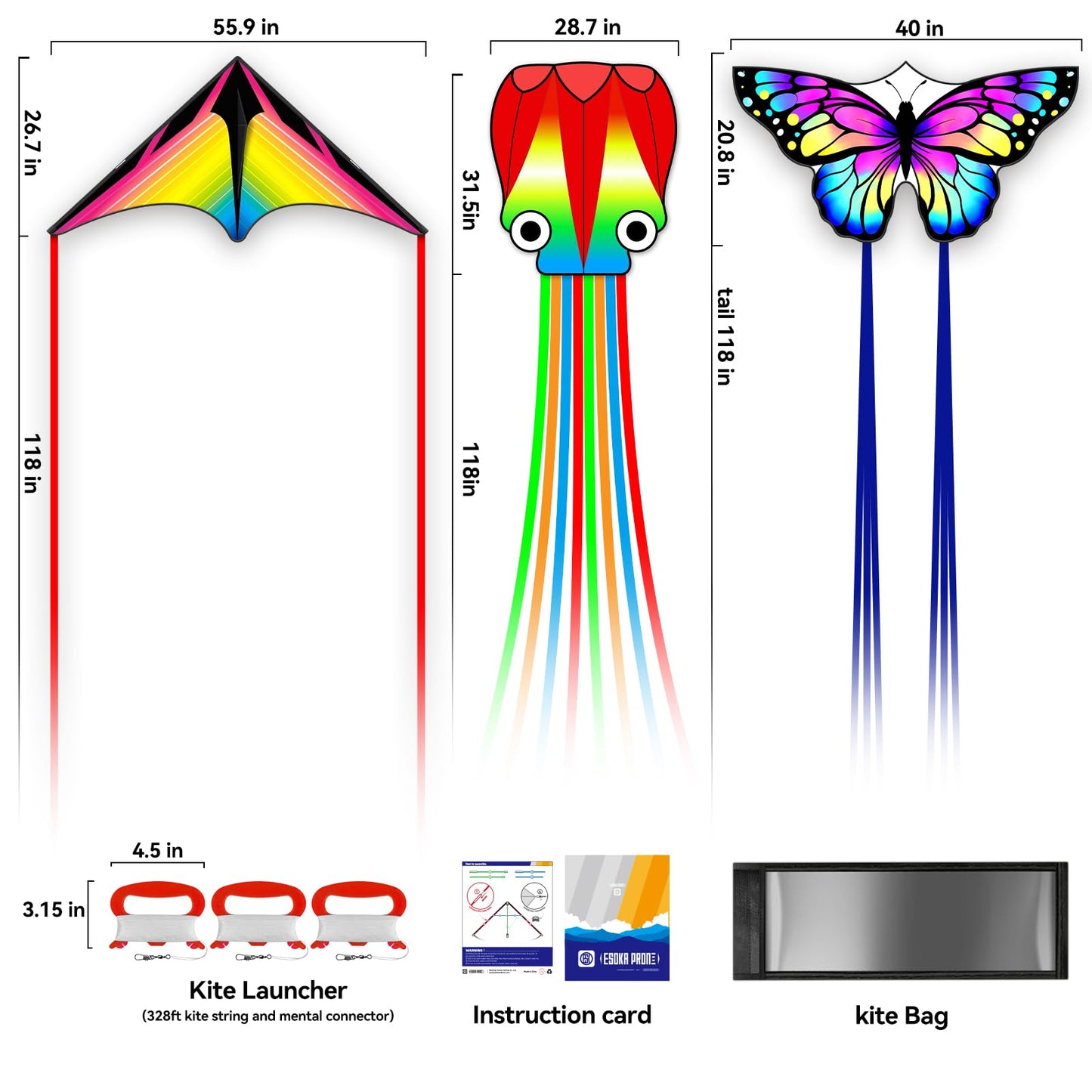 Kites for Adults & Kids Ages 4-8,Beach Kites Easy to Fly for Beginner, with Handle and 328ft Kite String，Best Toy and Gift for Boys & Girls. (QC Grassland, HG Butterfly,QC Octopus, 3)