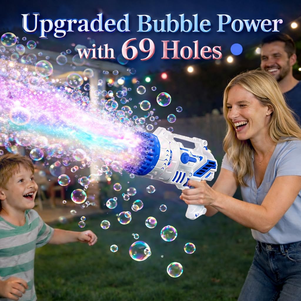 Bubble Gun for Kids, 69-Hole Bubble Machine with LED Lights, 69 Hole Bubble Blaster Blower, for Ages 3+, Summer, Birthday, Party Wedding Outdoor (Blue)