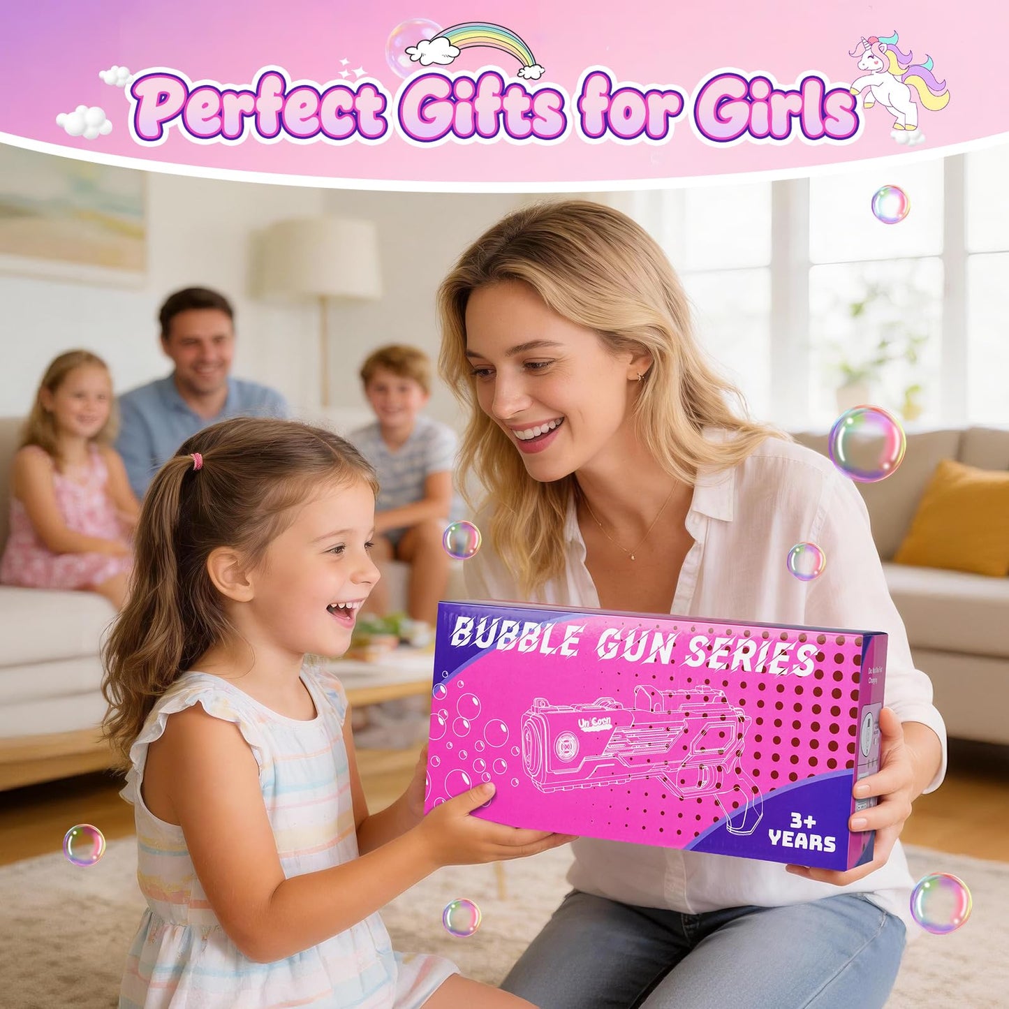 Amiabling Unicorn-Bubble Gun：Unicorn Toys for Girls Age 4-6, Outdoor Toys for Kids Ages 4-8, 3+ Year Old Girl Gifts, Easter, Summer, Wedding, Party Favors, Halloween, Birthday Gifts