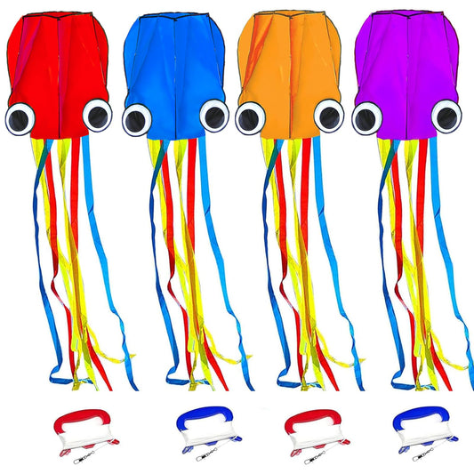 Flying Hoofer Large Octopus Kites(4packs) for Kids and Adults - Easy to Fly, 28X158 3D Software Colorful Kite with Long Tails. Perfect for Beach and Outdoor Activities (Red&Blue&Orange&Purple).