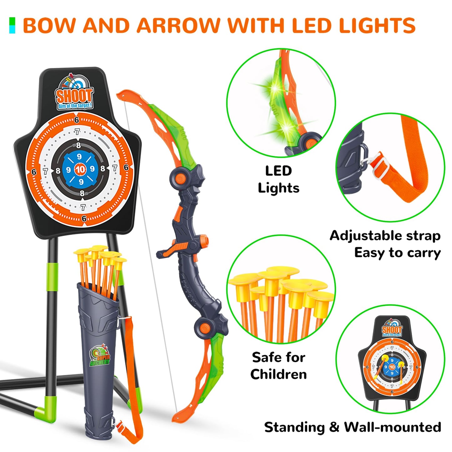 GMAOPHY 2 Pack Bow and Arrow Toy for 5 6 7 8 9 10 11 12 Year Old Boys, Birthday for Kids, Indoor Outdoor Sport Games Toys for Ages 4-8 8-12, LED Light Up Archery Set with 20 Suction Cup Arrows