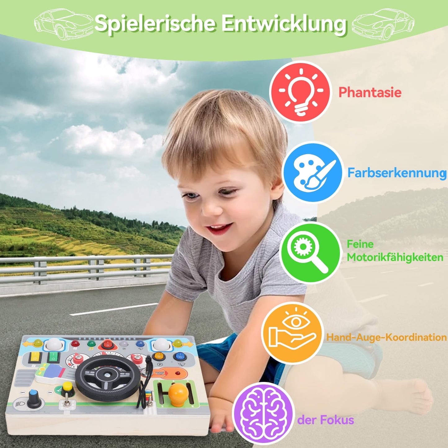 IFMCGEL Toddlers Busy Board with Led Light Switch Montessori Wooden Educational Toys for Baby Boys Age 3 4 5 Year Old, Fidget Board Sensory Toy Preschool Learning Fine Motor Skills