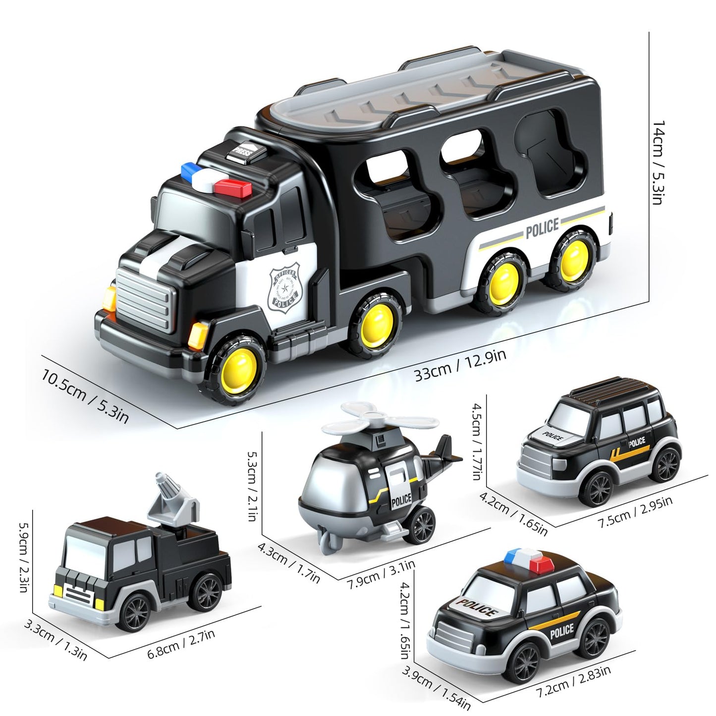 Beby Buty 5 in 1 Police Trucks Cars Toys for Toddlers 3-5, Boy Toddler Car Truck Toys with Light Sound, Birthday Gifts Toys for 3 4 5 6 Year Old Boy, Transport Carrier Truck for Toddlers 3-5 Years