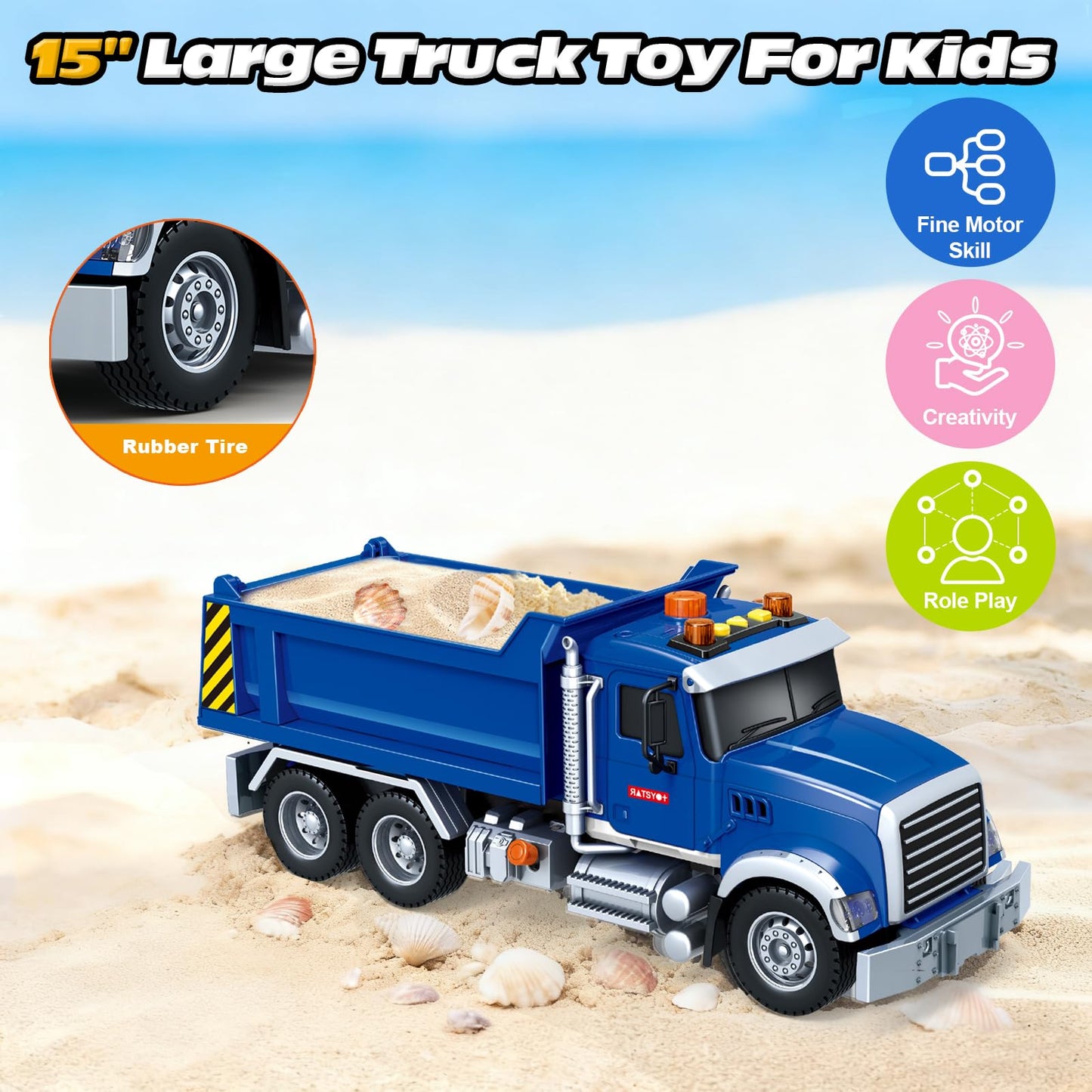 Bstoyder Kids Toys for 3 4 5 6 7 8 Years Old Boys, Large Dump Truck Toy with Lights, Sounds, Blue Toddler Friction Powered Truck Vehicle Toy for Boys Girls Birthday Gifts